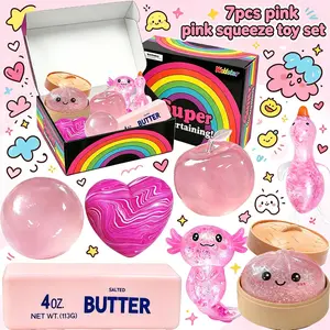 7 Pack Pink Series Glitter Squeeze Stress Relief Toys, Soft Portable Sensory Fidget Balls, Apple Round Ball Swirl Heart Butter Stick Bun Salamander Duck Squishy Toys, Ideal Birthday & Party Gifts for Kids Adults Anxiety Relief