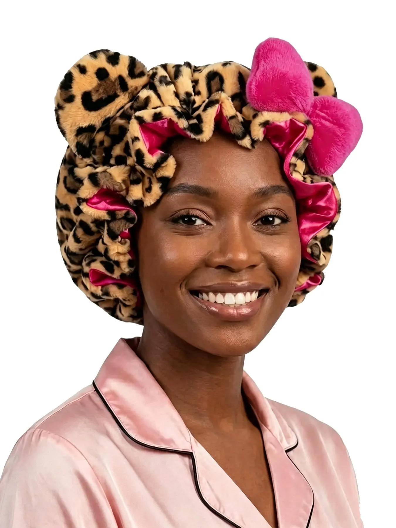 Leopard Satin Lined Sleep Bonnet for Women, Teddy Plush Hair Bonnet, Silk Wrap for Curly & Braided Hair, Anti-Frizz Curly Hair Nightcap