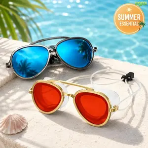 2 In 1 Aviator Metal Frame Swim Goggles Sunglasses, Polarized Tinted Anti Fog UV400 Lens, Curved Silicone Leakproof Eye Seal, Adjustable Anti Loss Lanyard, Panoramic Wide View Eyewear For Beach, Pool, Surfing And Adult Daily Outdoor Wear,Beach vacation