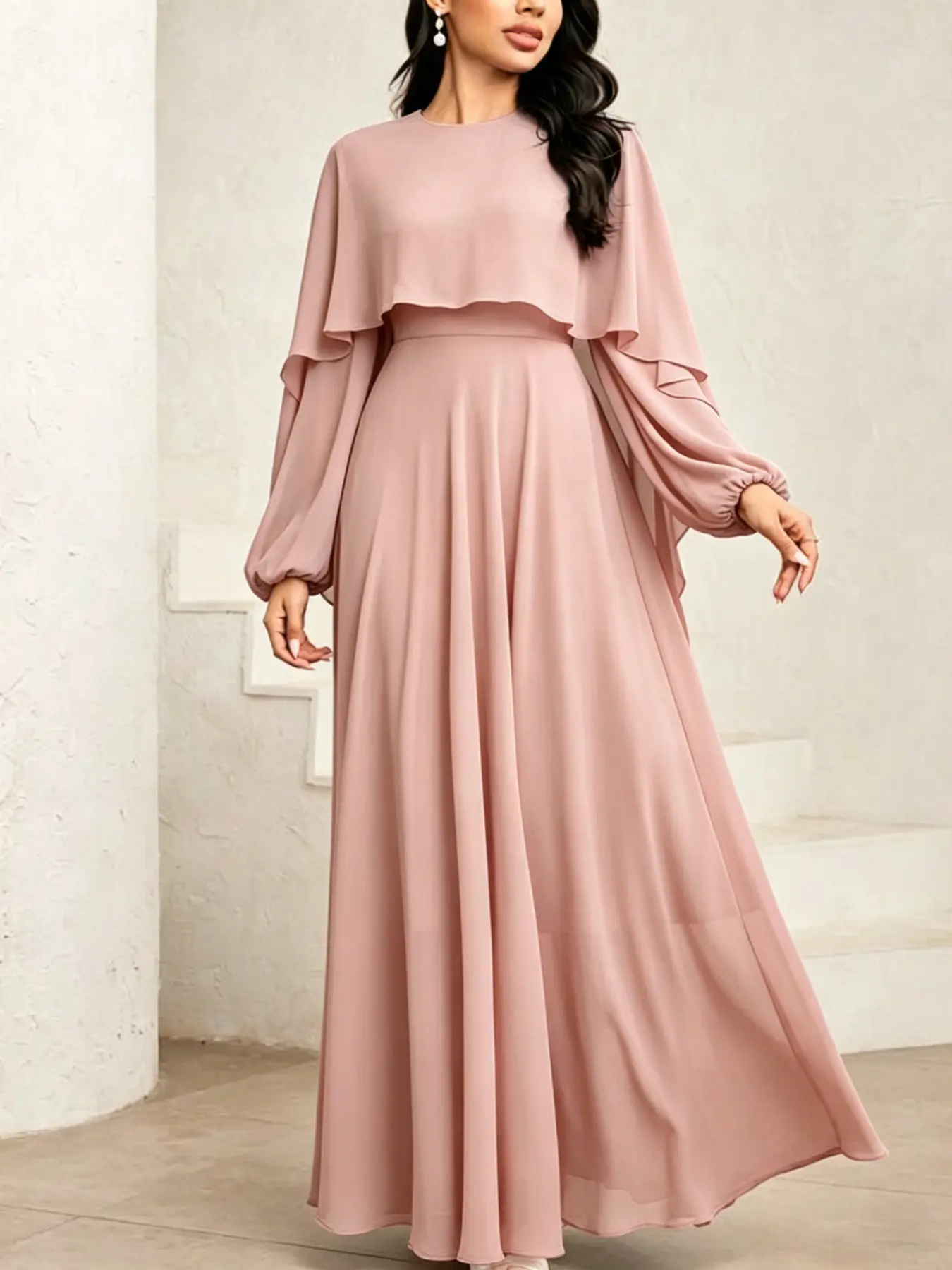 Elegant Chiffon Long Dress, Cape Style Waist-Cinched Dress, Graceful Evening Gown, Soft and Chic Dress, Long sleeves