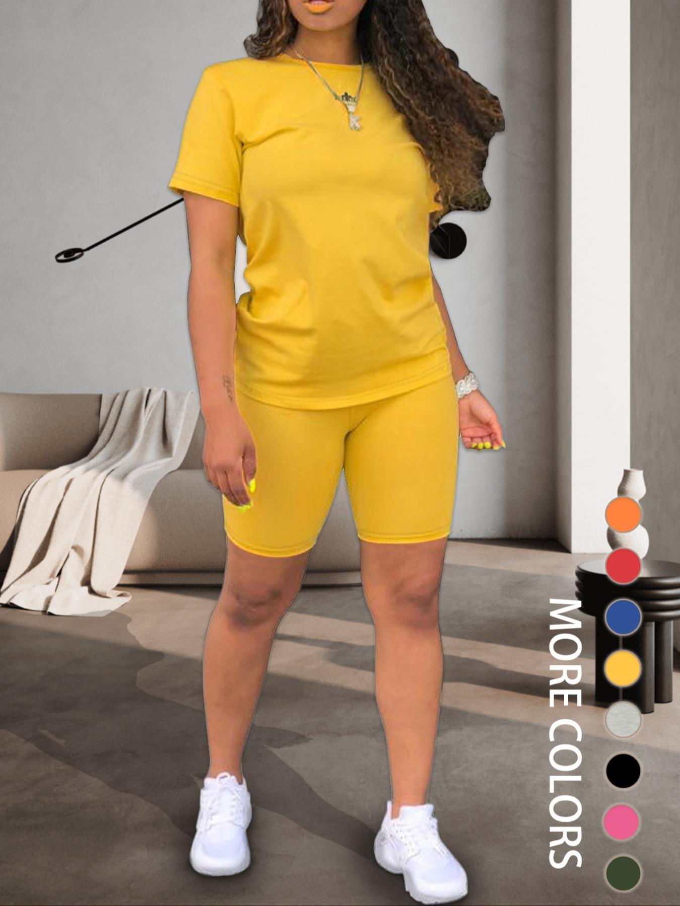Two-piece Set Women's Fitted Plain Round Neck Tee & Skinny Shorts Set, Summer Clothes Women, Short Sleeve Crew Neck T-shirt & Shorts, Casual Summer Clothes for Outdoor, Cute Summer Outfit Two-piece Set Women's Fitted Plain Round Neck Tee & Skinny Shorts Set, Summer Clothes Women, Short Sleeve Crew Neck T-shirt & Shorts, Casual Summer Clothes for Outdoor, Cute Summer Outfit