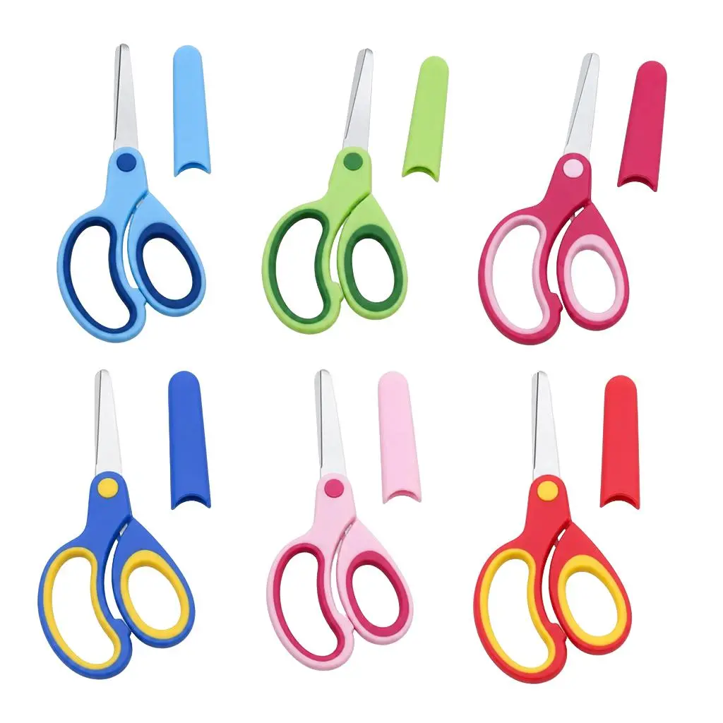 Blunt Round Tip Safety Student Scissors 6pcs Color Set, Soft Grip Stainless Steel Craft Scissors with Cover, Ideal for School, Classroom Supplies and DIY Projects, Office Cutting Supply