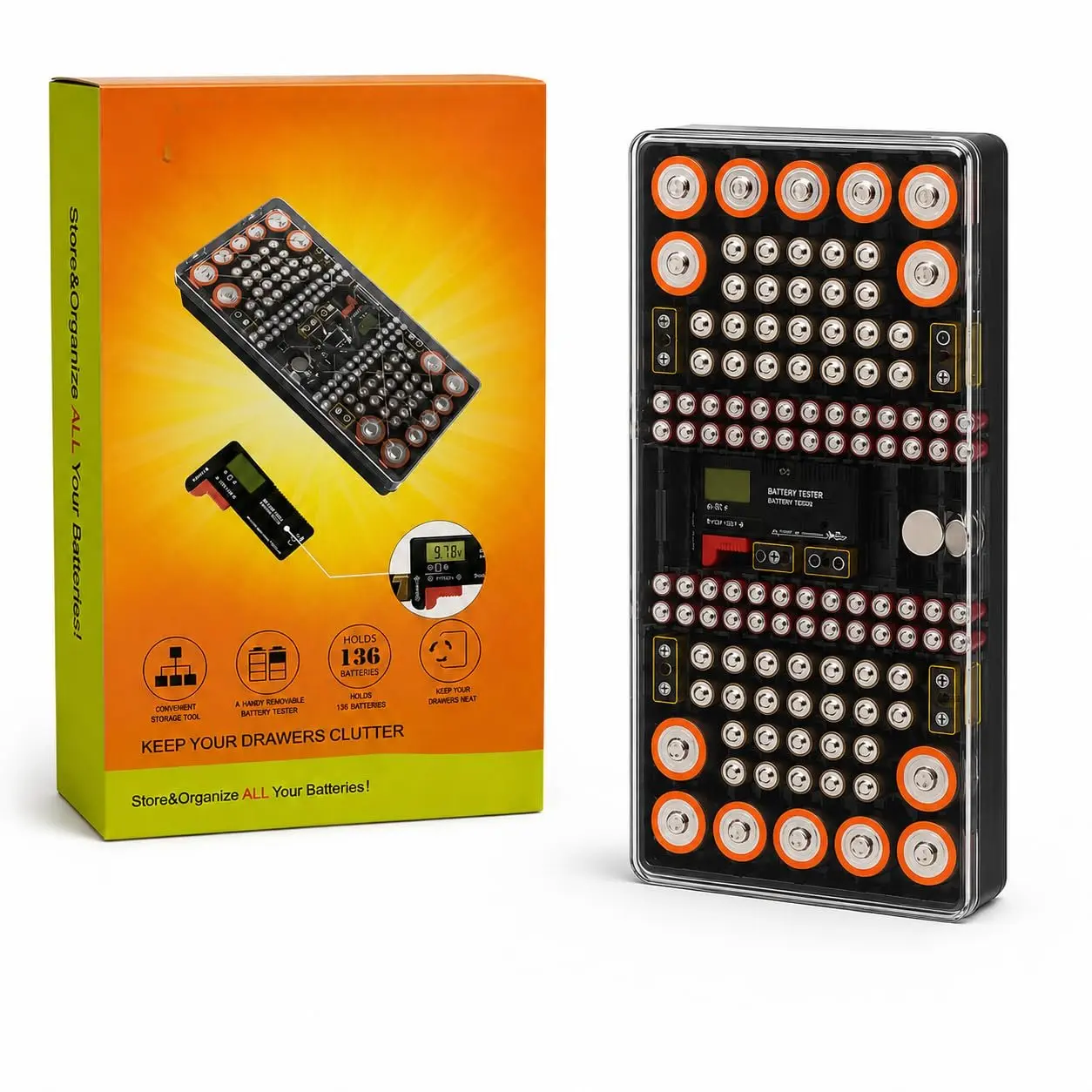 Organizer Storage Case with Tester | Stores & Protects Up to 136 , Holds AAA  C D 9V Button Cell with Clear Locking Lid for  & Garage