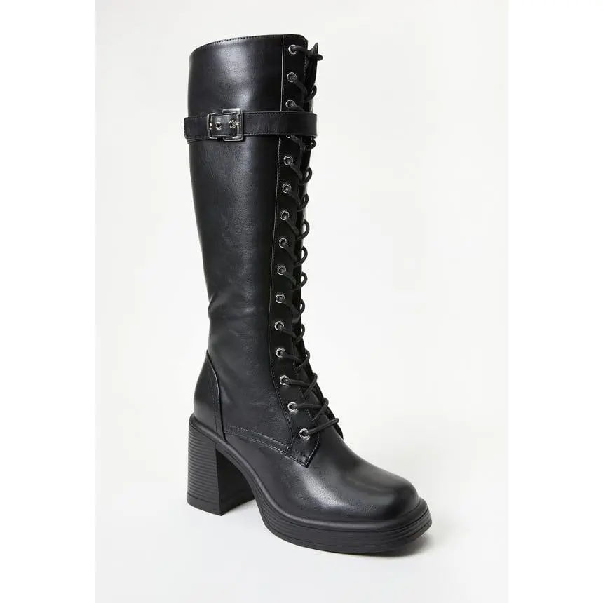 Women's Knee-High Combat Boots, Moto Lace-Up Style in Vegan Faux Leather with 3.5" Block Heel, Side Zipper & 1.0 inch layered front platform, Walking Shoes, Vegan Leather, Buckle