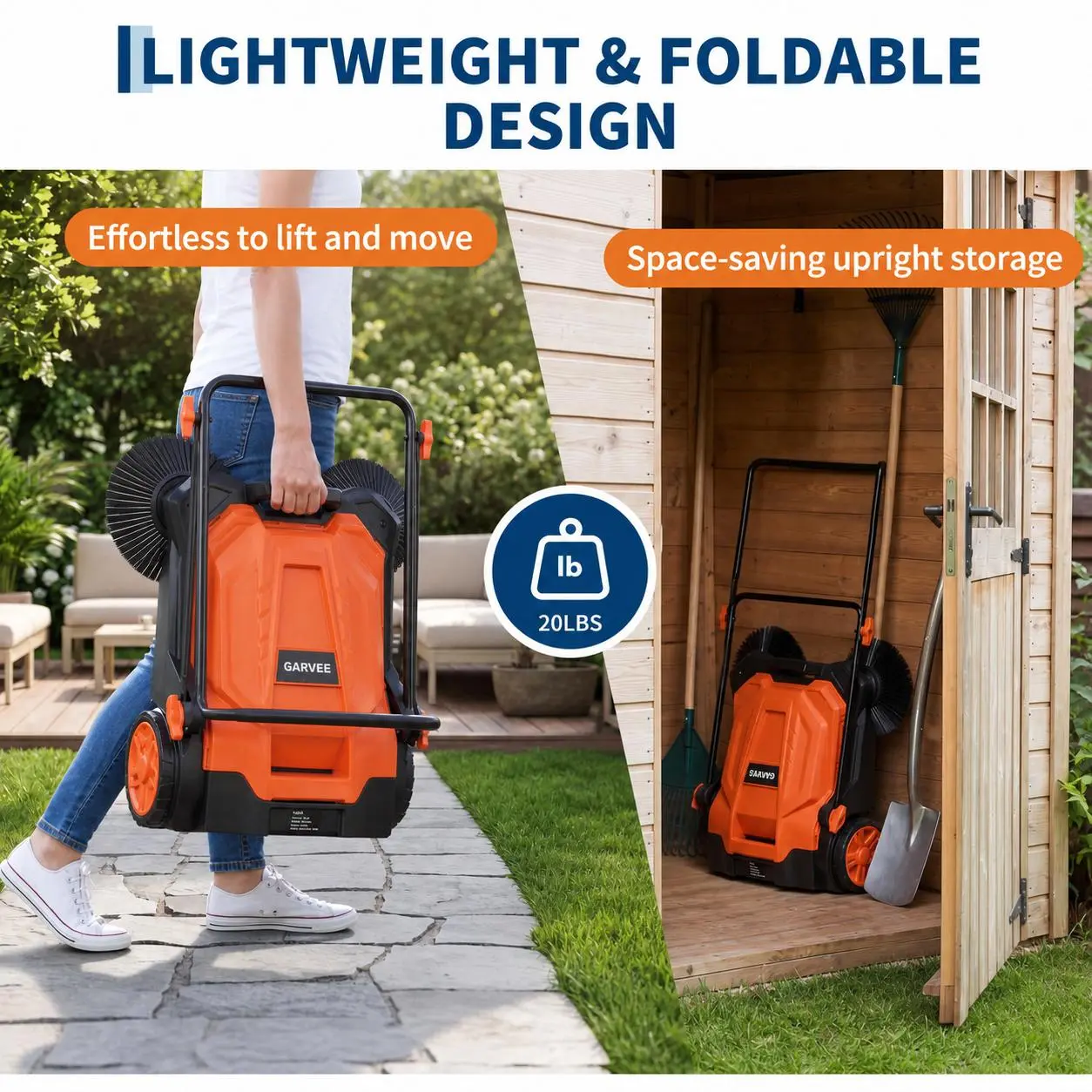 Heavy Duty Walk-Behind Manual Floor Sweeper – 25.6" Sweeping Width, 5-Gallon Bin, Non-Electric, Adjustable Folding Handle, Outdoor Push Sweeper for Garage, Workshop, Driveway, Patio, Yard