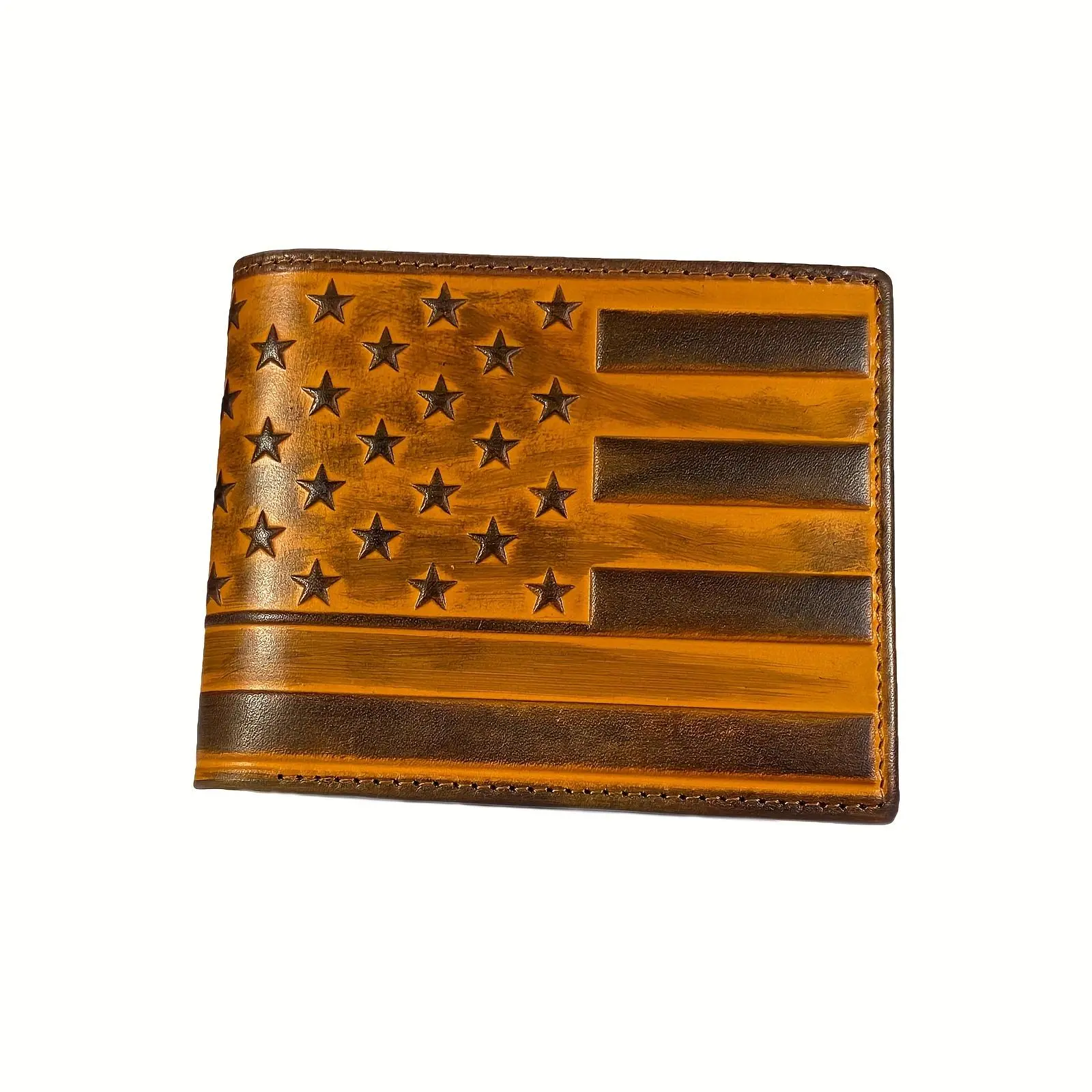 Western American Flag Design Men's Full Grain Leather Short Bifold Wallets