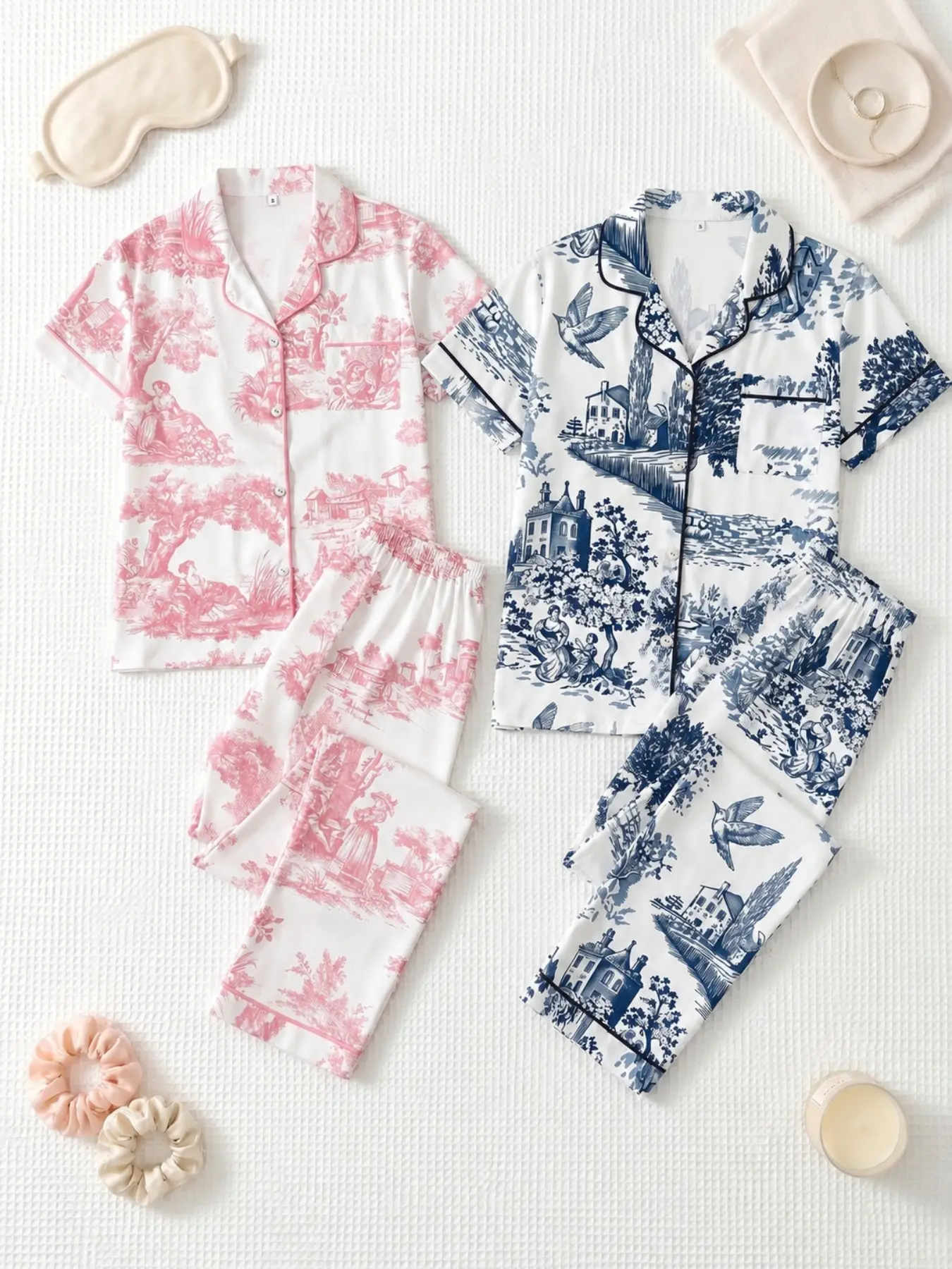 Women's Short Sleeve Pajama Set, Boho Style, All over Print, Loose-Fitting, Soft and Breathable, Ankle Length, Summer Sleepwear