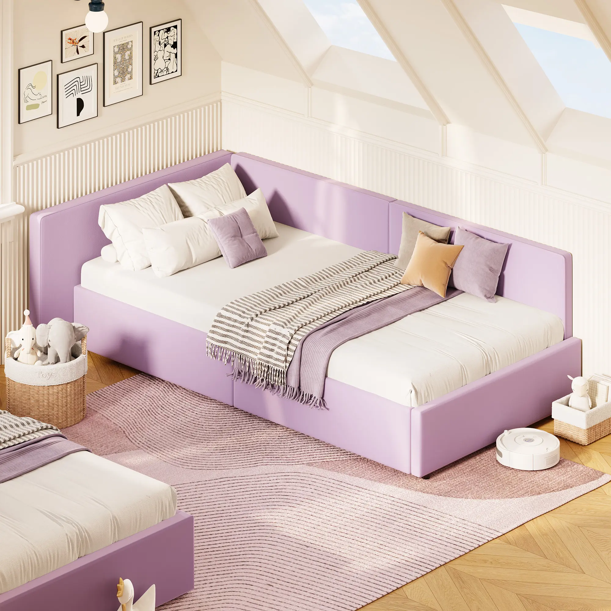 Twin Daybed, Corner Bed Frame with Bed Rails, Velvet Upholstered Sofa Bed with  Extended Headboard & Guardrail for Bedroom & Guest Room, Adjustable Installation