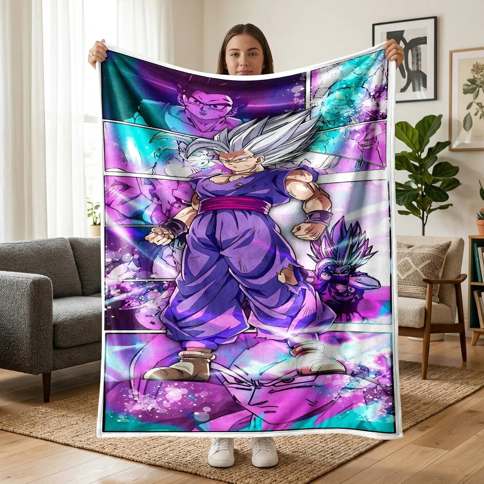 1pc Dragon Ball Beast Gohan Comic Panel Fleece Blanket, Anime Fighting Scene with Colorful Light Effect Print, Classic Japanese Anime Style. Warm Cozy Blanket for Sofa, Bed, Office, Shawl, Camping, Nice Christmas Gift.