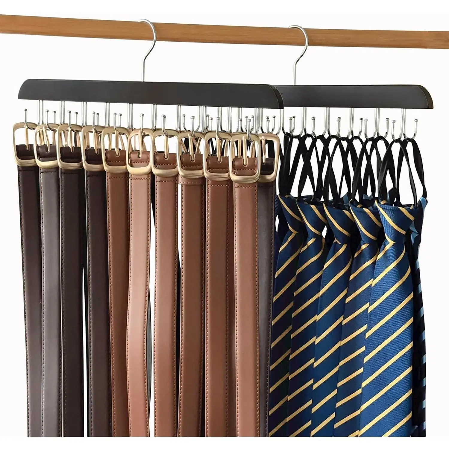 2 Pack Belt Hanger for Closet Organizer,Belt Organizer for Closet | Wooden Belt Storage Organizer with 20 Metal Hooks for Space Saving,Foldable Belt Holder for Belts, Tops,Ties(Black)