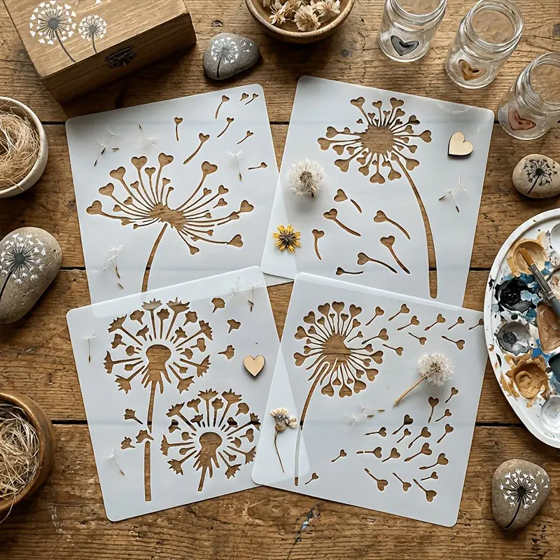 Aesthetic Dandelion Stencil Set of 4 🌬️ Heart-Shaped Seeds Floral Template | Nature-Inspired DIY Wall Art & Home Decor 🍃