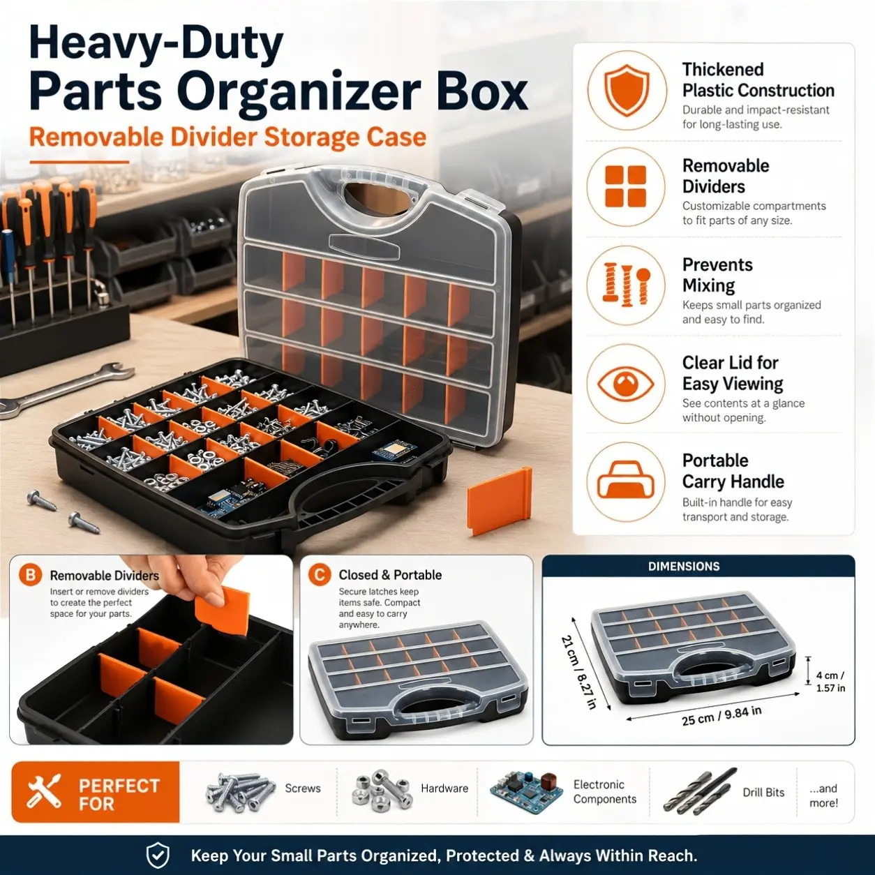 Portable Hardware Storage Box, Multi-Compartment Screw and Small Parts Organizer, Essential for Mechanics and Garages, Durable Design