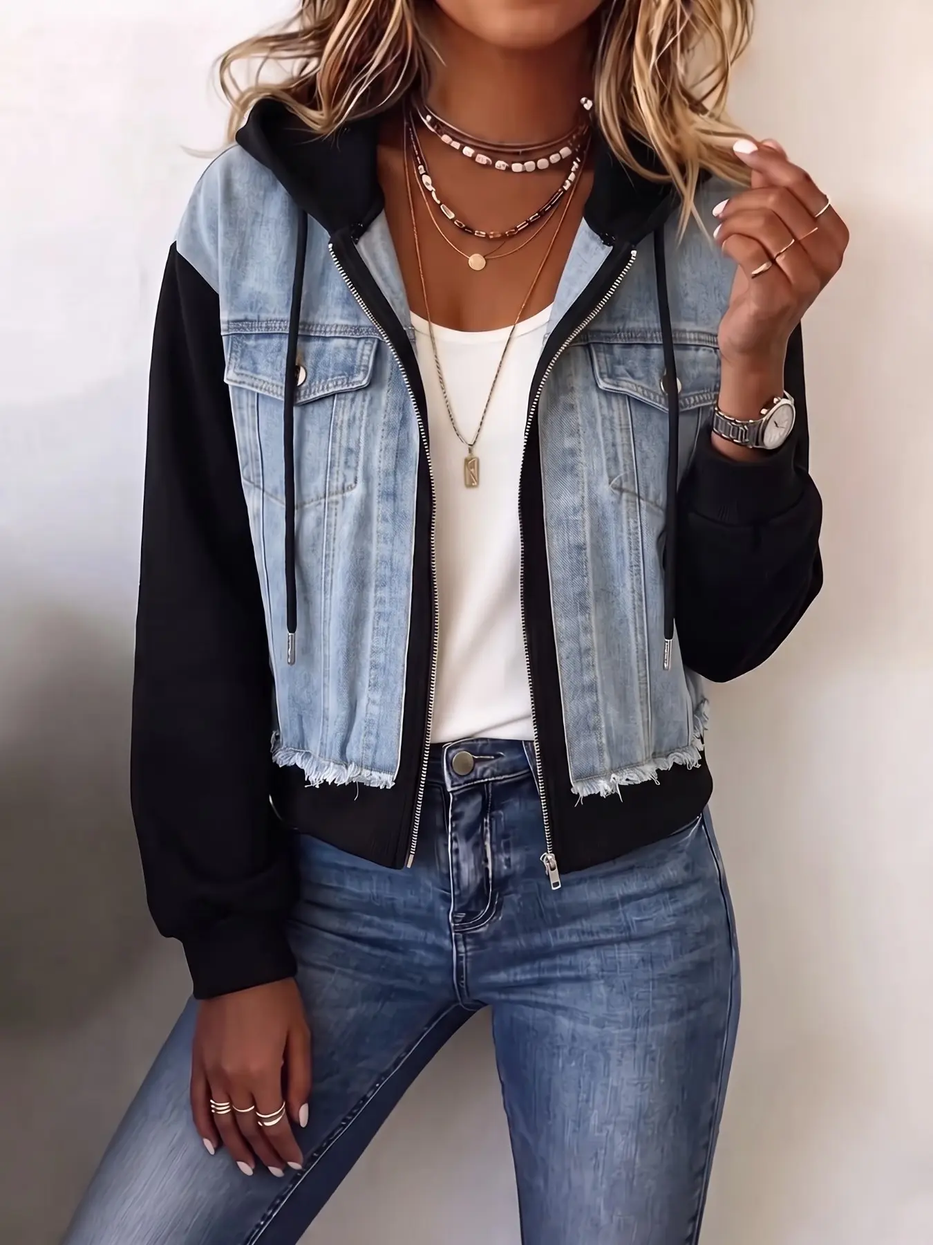 Women's Casual Outerwear Two-Piece Hooded Zipper Denim Jacket, Washed Patchwork Sweatshirt, Long Sleeve, Loose-Fit, Streetwear Style