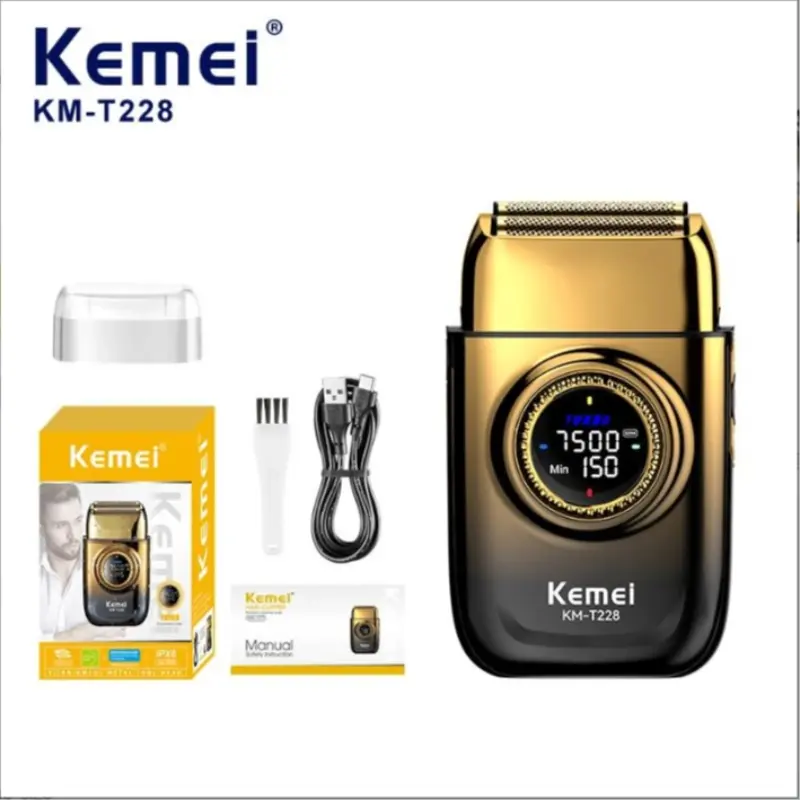 Kemei Km-T228 Men's Shaver LED Display Dual Foil Cordless Oil Head USB Professional Electric Razor, Lithium-Ion Battery, New