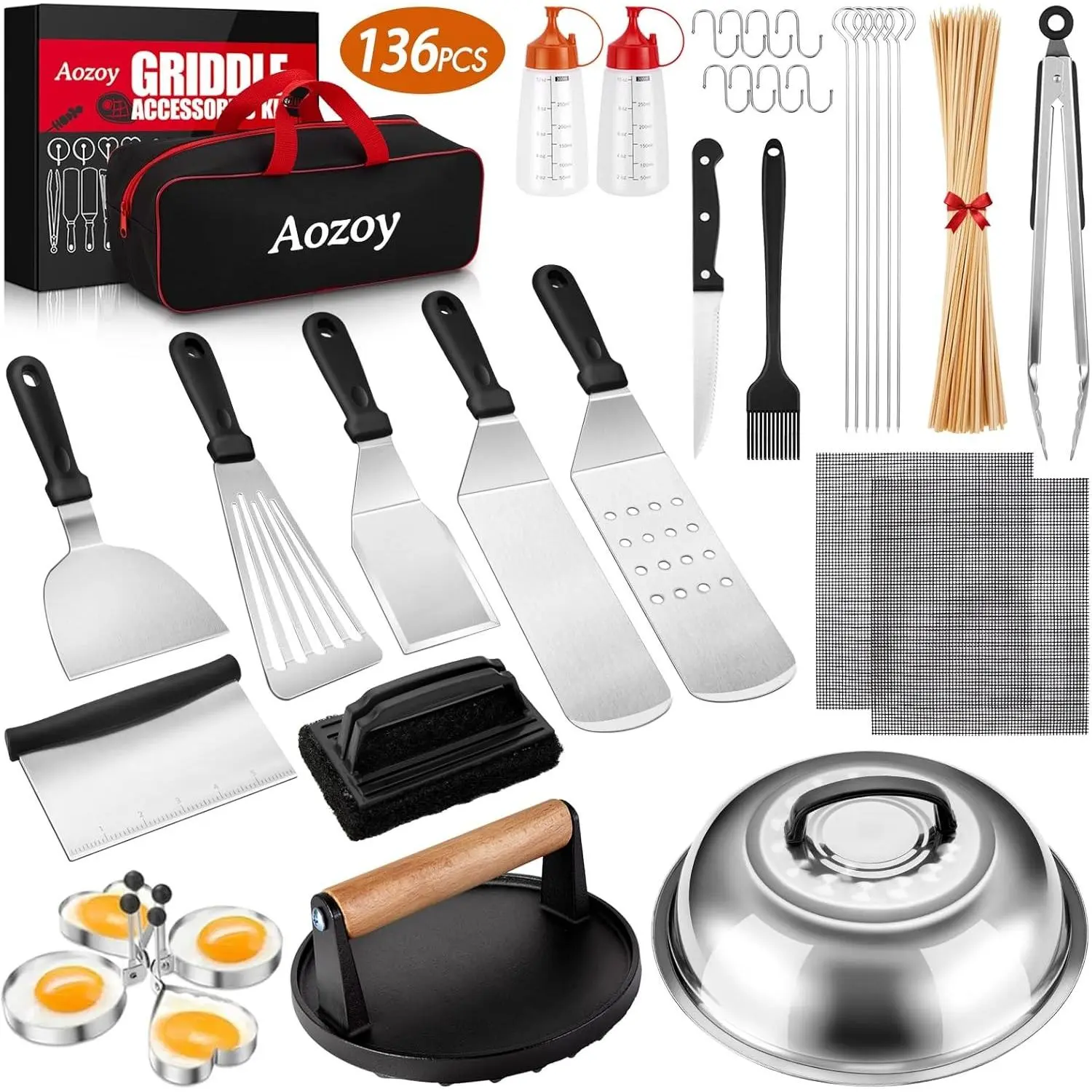 136PCS Griddle Accessories Kit - Metal Tools Set with Burger Press, Spatula, Scraper, Tongs & Carry Bag for Blackstone, Camp Chef Flat Top Grills, Outdoor Grilling BBQ Cooking Gift