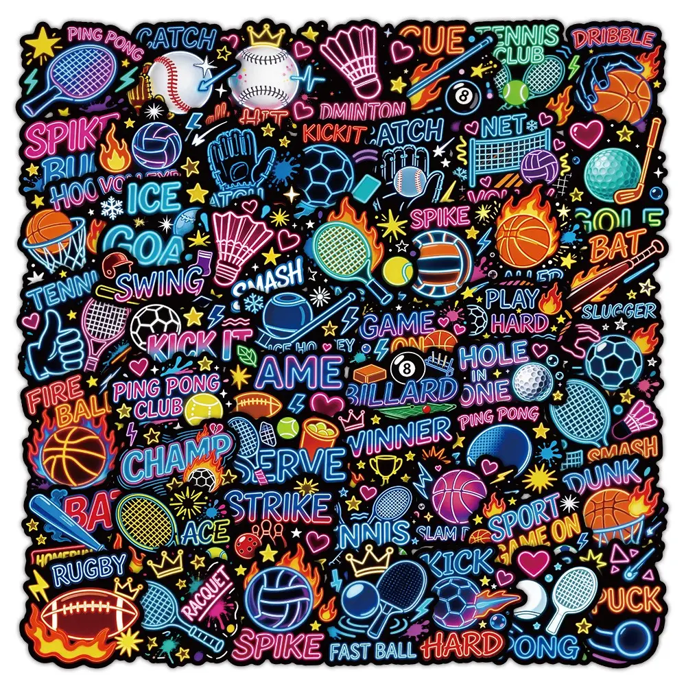 55PCS Neon Sports Ball Stickers,Waterproof Vinyl Neon Sports Stickers for Boys, Cool Basketball Football Baseball Golf Bowling Stickers for Laptop Skateboard Luggage Phone Case