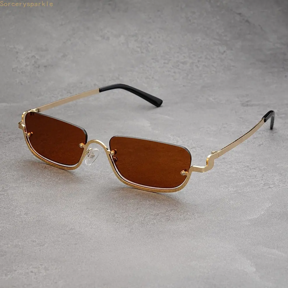 XUH Semi-Rimless Small Rectangle Sunglasses, Gold Metal Frame Brown Tinted Lenses, Retro Y2K Fashion Eyewear for Daily Wear & Street Style