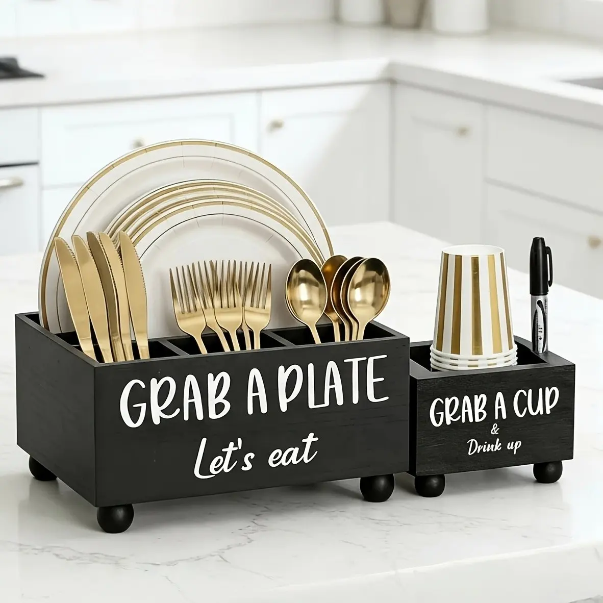 A Set of Two Wooden Paper Plate Dispensers And Cup Holders for Kitchen Countertops, a Multifunctional Cutlery Storage Box with Cup Holders And Labels, Ideal for Organizing Paper Plates for Forks, Knives, And Napkins, Perfect for Parties, Camping