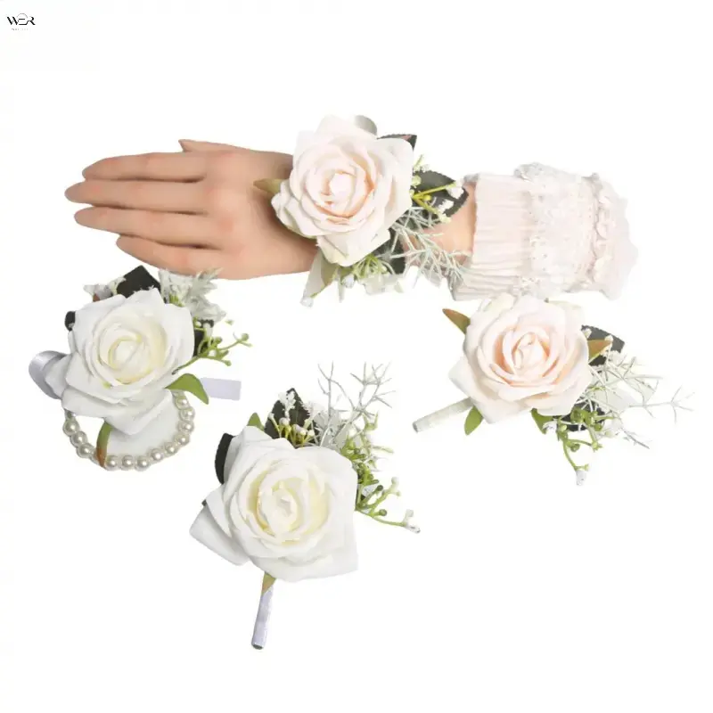 Wedding Artificial Rose Wrist Corsage and Boutonniere Set, Bridal Wrist Flower, Groom Lapel Pin, White Beige Option for Wedding Party Decor