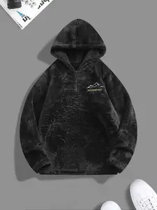 Men's Hooded Sweatshirt, Half-Zip Mountain Letter Embroidery, Thick Fleece Long Sleeve Pullover, Casual Warm Outerwear for Fall Winter