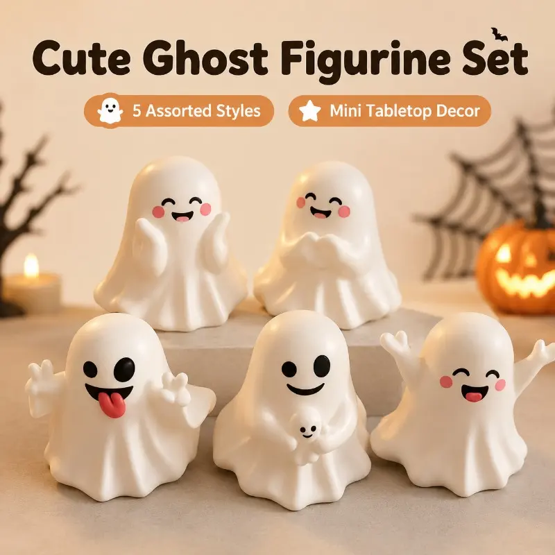 5pcs Cute Ghost Figurine Set - Resin Halloween Tabletop Decor with Funny Expressions & Poses. Mini Spooky Shelf Sitters for Home, Office Desk, Mantel & Display Cabinet. Great Holiday Gift for Halloween Lovers, Collectors & Home Decorators.