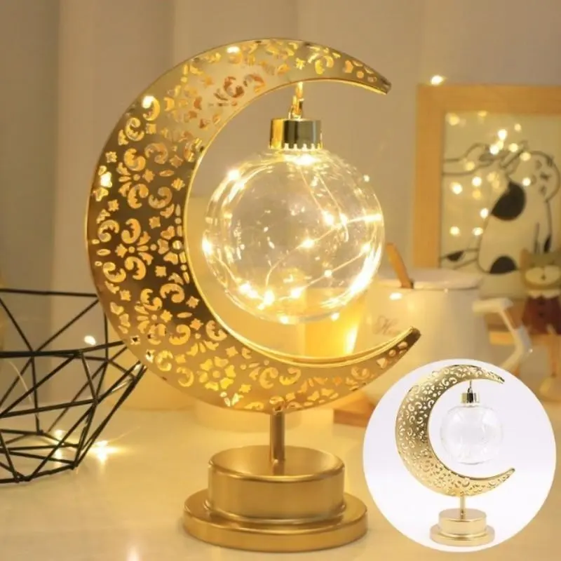 Islamic Crescent Moon & Star LED Table Lamp, Warm /golden Light, Muslim Prayer, Ramadan & Eid Decor, Plastic & Dome