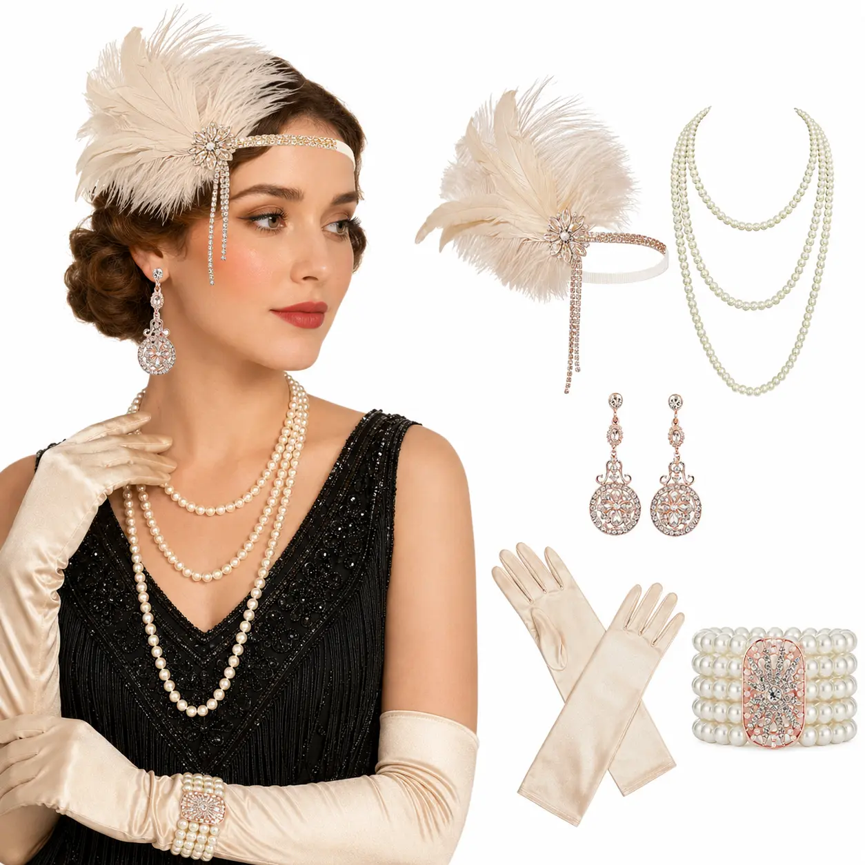 5PCS Champagne 1920s Flapper Costume Accessories Set, Feather Headband, Pearl Necklace, Gloves, Earrings and Bracelet