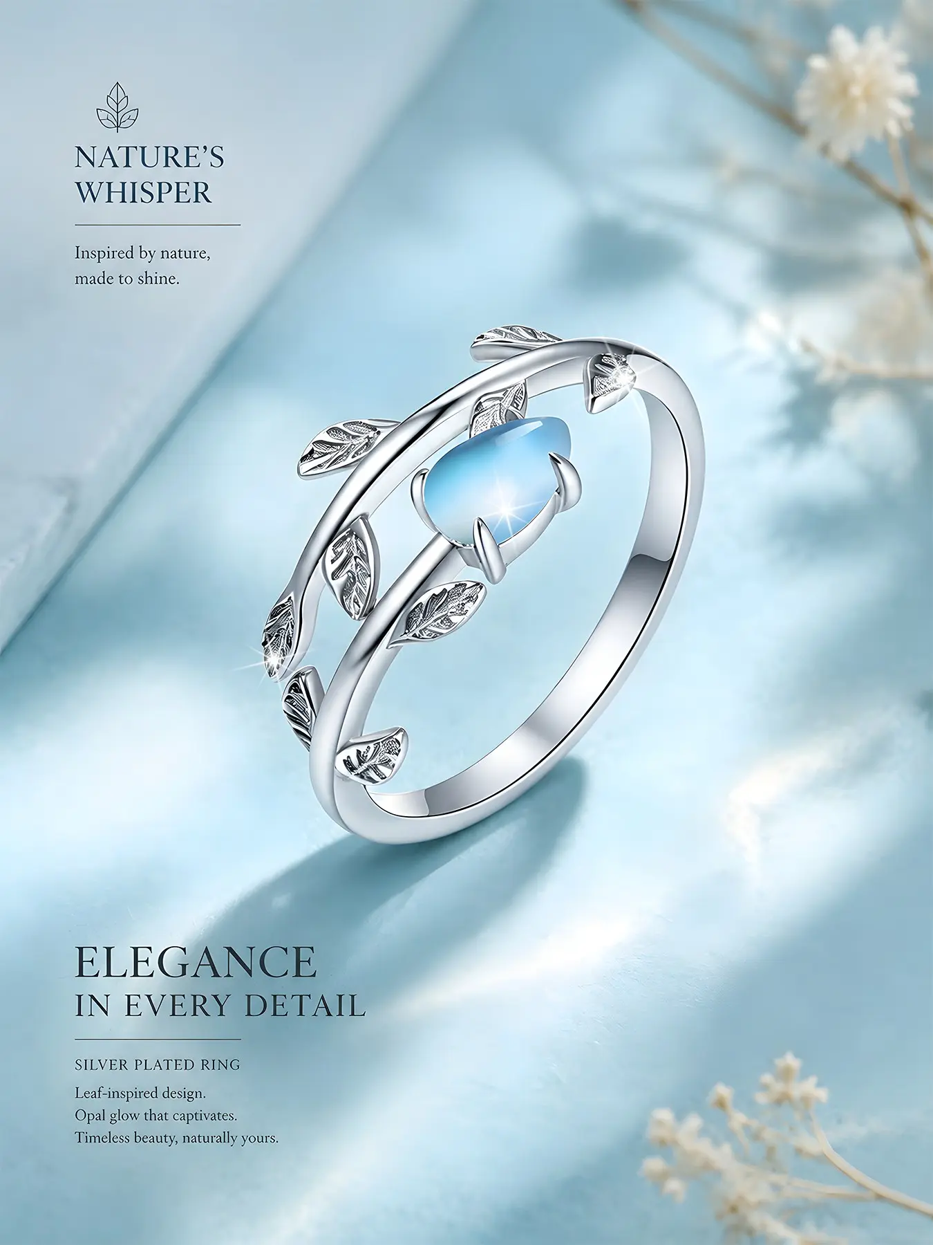 Elegant Women's 925 Silver Plated Moonstone Ring, Adjustable Leaf Design, Hypoallergenic, Perfect Gift for Birthday and Valentine's Day, Adjustable Rings