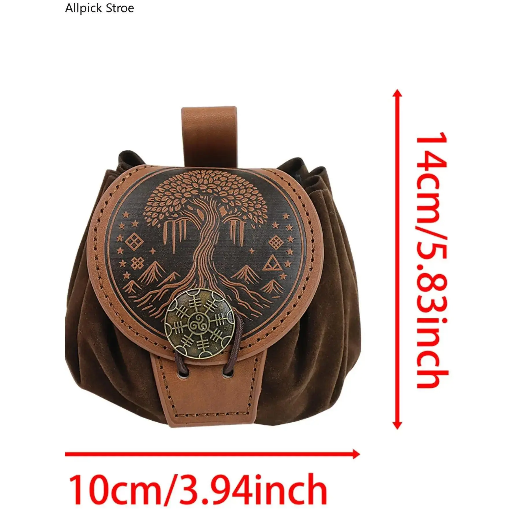 Durable PU Leather Medieval Look Fanny Pack - Waist Pouch with Embossed Viking Symbol Art, Tree Motif, Drawstring, Zip Closure, Built-In Organizer, Leakproof, Waterproof, Modest Storage for Cosplay Party, Halloween, Holiday, Athletic