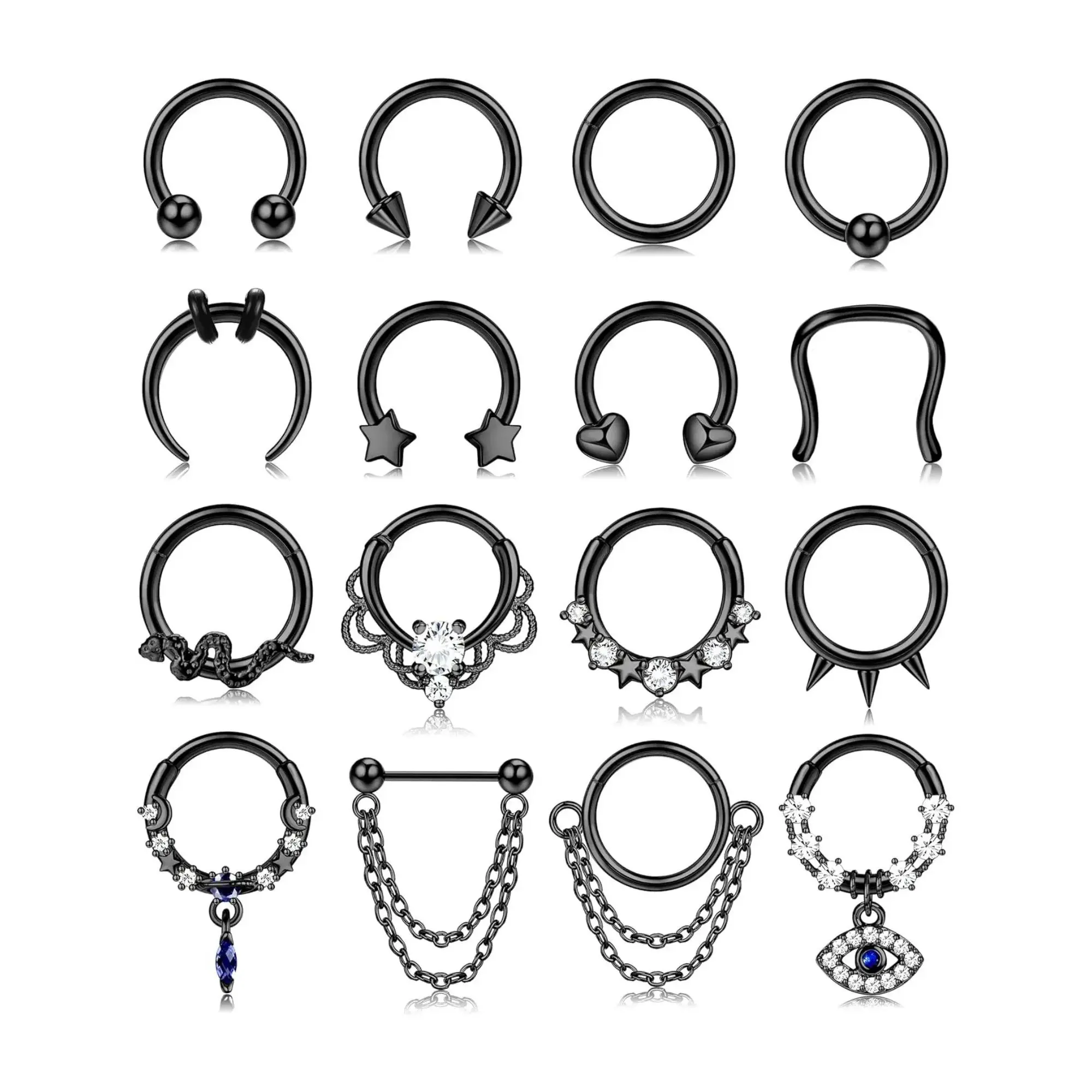 16PCS 16G Septum Rings for Women Men Silver Black Septum Jewelry Horseshoe Clicker Dangle Nose Rings Set Hoops Surgical Steel Helix Cartilage Hoop Earrings Septum Nose Body Piercing Jewelry 8MM Nose Piercing Accessory, Nose Ring Stud