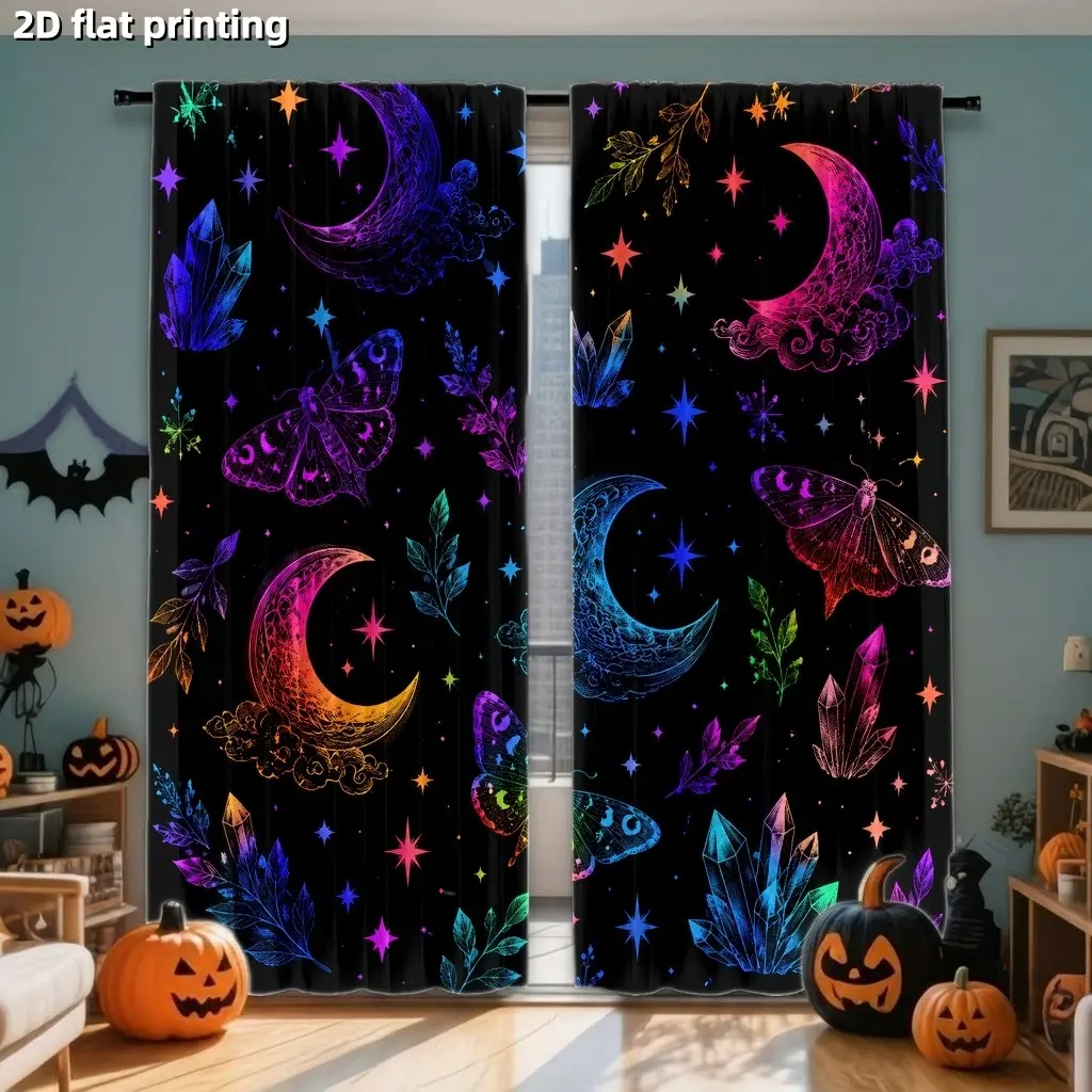 2Pcs Mystical Celestial Moon Crystal Butterfly Curtains, Window Drapes, Vibrant Neon Glow Art, Digital Printing, Light Filtering Privacy Protection, for Living Rooms Bedrooms Study Home Decor