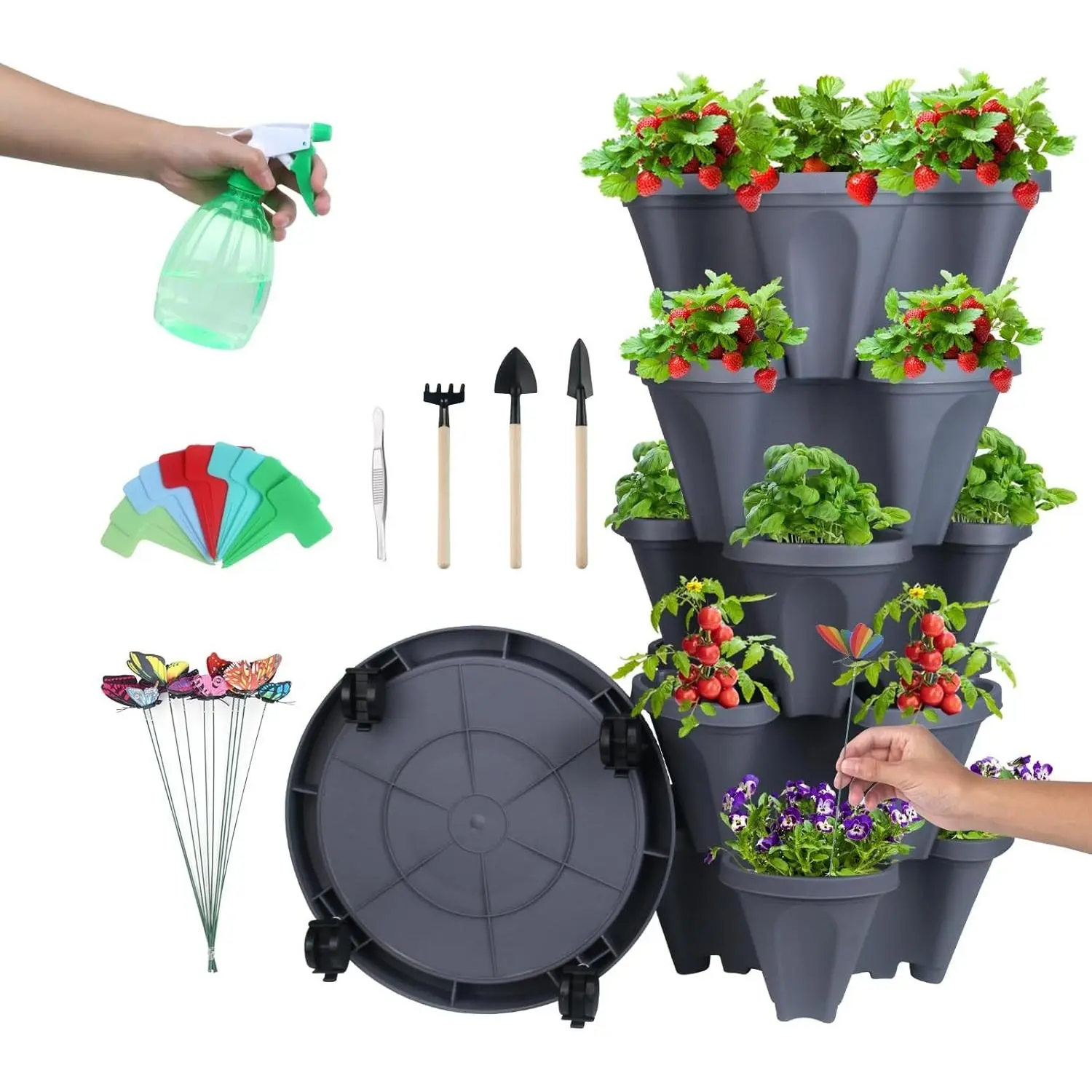Stackable Planter, Vertical Strawberry Planter with Garen Tool Set, Self Watering Garden Planter Indoor/Outdoor 5 Tier Herb Planter Pots for Growing Vegetables and Succulents, Dark Gray