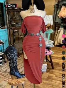 1 Piece Spring & Summer Sexy Off-Shoulder Ruched Bodycon Maxi Dress without Belt, High Slit Design Party Dresses for Evening Events and Club, Womenswear Formal Dress