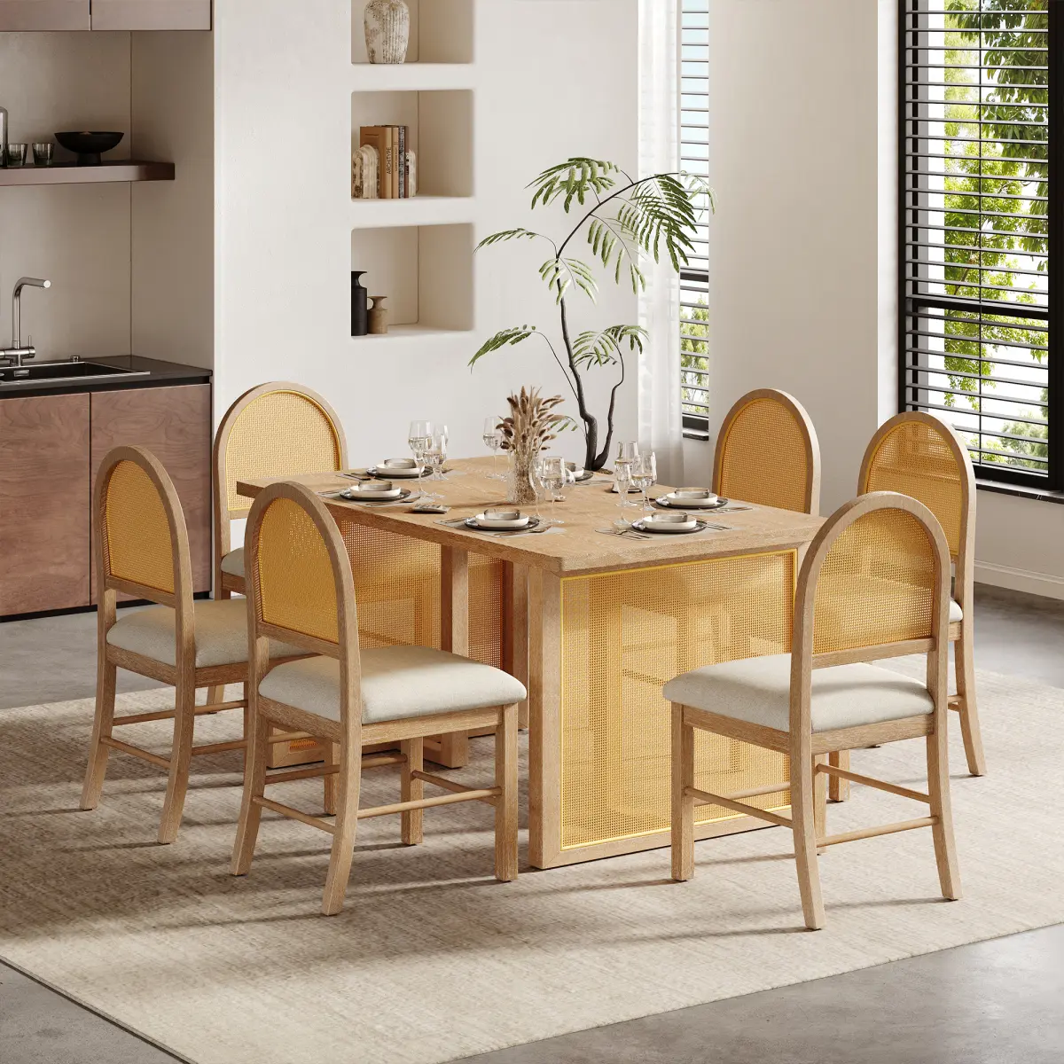 AobtkelTREXM 7-Piece 6-Seat Wood Dining Table Set for Family Gathering, 59.8x35.8in Rectangular Distressed Veneer Farmhouse Table, 6 Ergonomic Breathable Rattan Chairs with Natural Grain, Assembly Required Rustic Kitchen Furniture (Natural), 59.8"L X 35.8