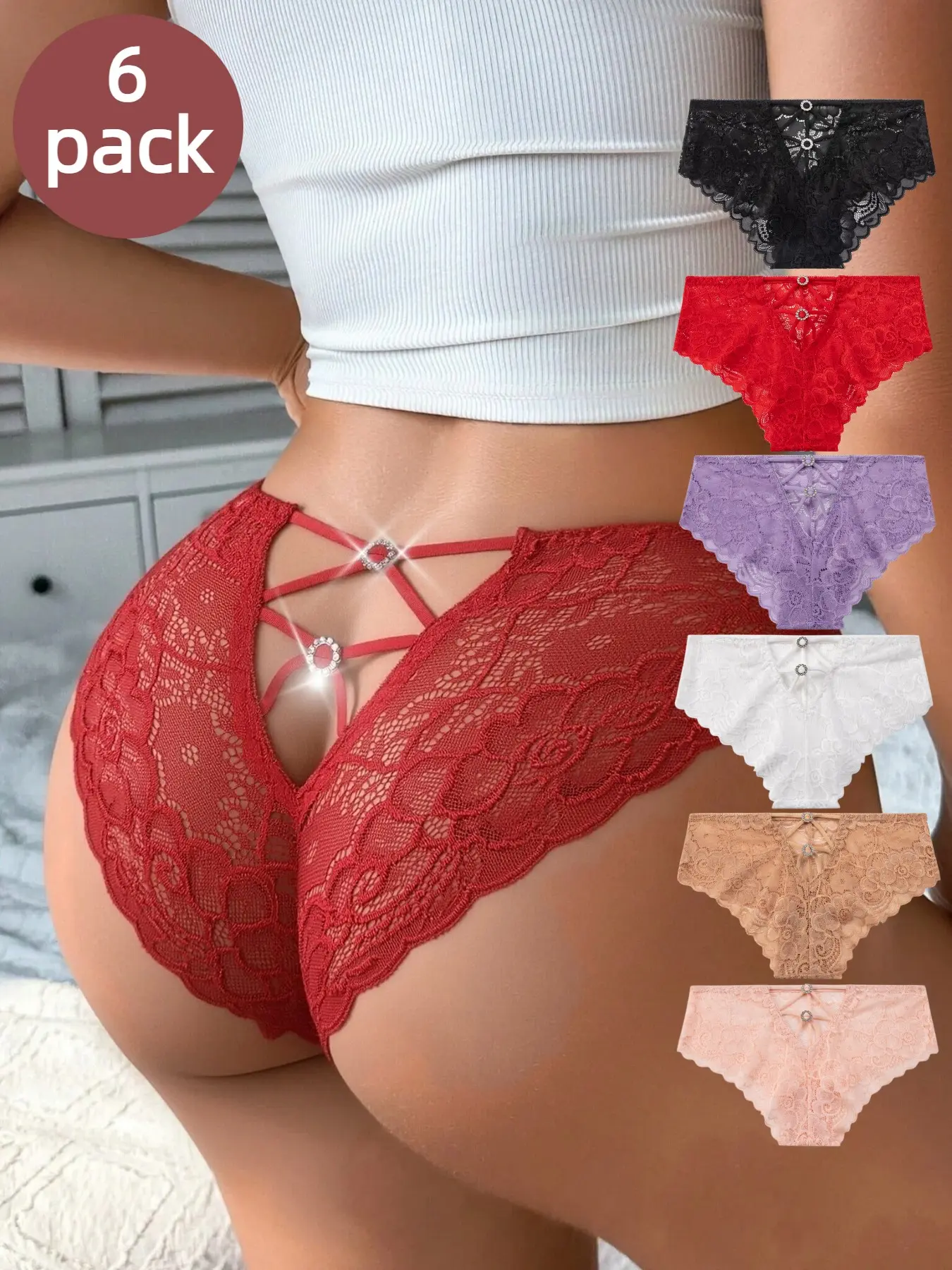 Women's Low-Waist Floral Lace Briefs, Split Thigh Design with Rhinestones, Elegant Chic Breathable Triangle Panties, 6 Pcs Lace Panty Set, All Seasons Underwear