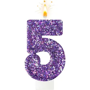 Purple Number 5 Glitter Birthday Candles with Sequins Cake Cupcake Decorations for Girls Women Party Anniversary Celebrations
