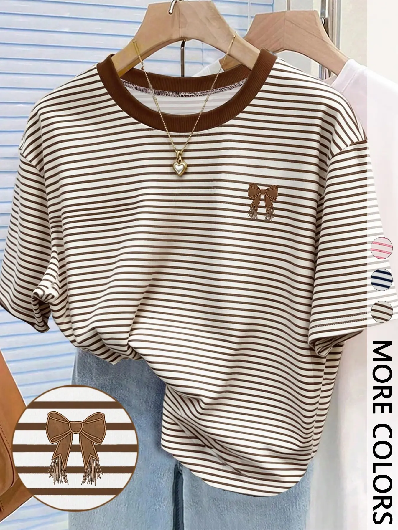 Women's Striped Print T-Shirt, Butterfly Embroidery Round Neck Tee, Loose-Fitting Casual Top, Daily Wear Essential