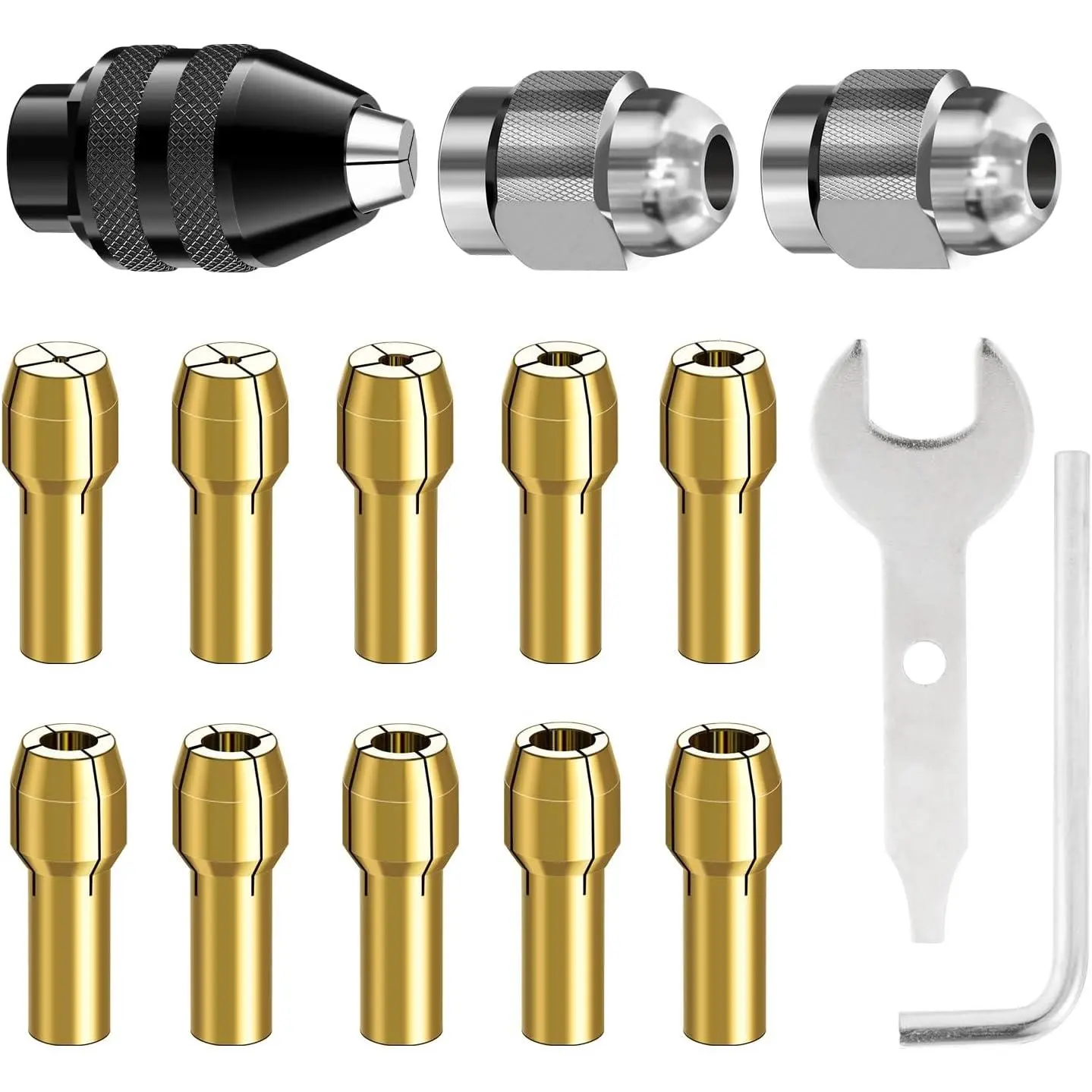 Drill Chuck Collet Set for , 15 count Chuck Collet Kit, 0.8-3.2mm Shank  4486 Rotary Tool Keyless Quick Change Chuck Accessory with  4485 Brass Collet Metal Nut