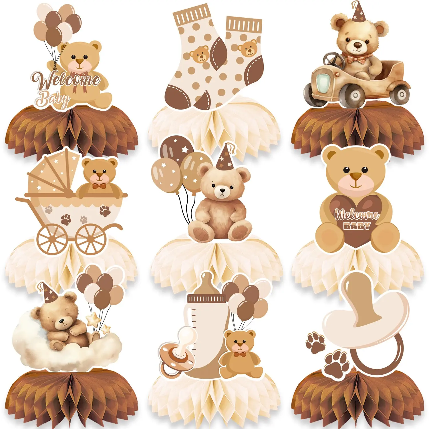 9-Piece Baby Shower Centerpiece Decor, &, Bear, Stroller, Bottle, Pacifier Patterns, Neutral Style, Gender Reveal Party Supplies