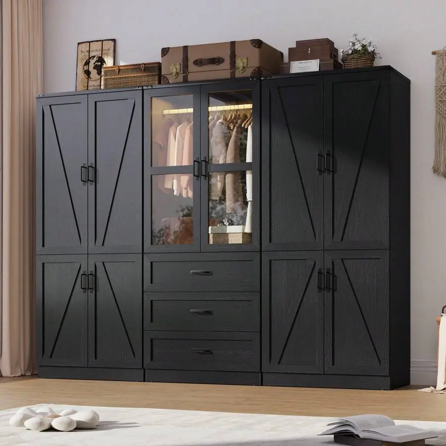 Farmhouse Shabby Chic Armoire Wardrobe Closet - 74.8" Tall, 31.5"L*19.7"W*74.8", 2/4/6 Doors, Drawers, LED, Remote Control, Adjustable Shelf, Hanging Space, Freestanding Wooden Storage Cabinet for Bedroom/Bathroom, Farmhouse Shabby Chic Wardrobes, Closet