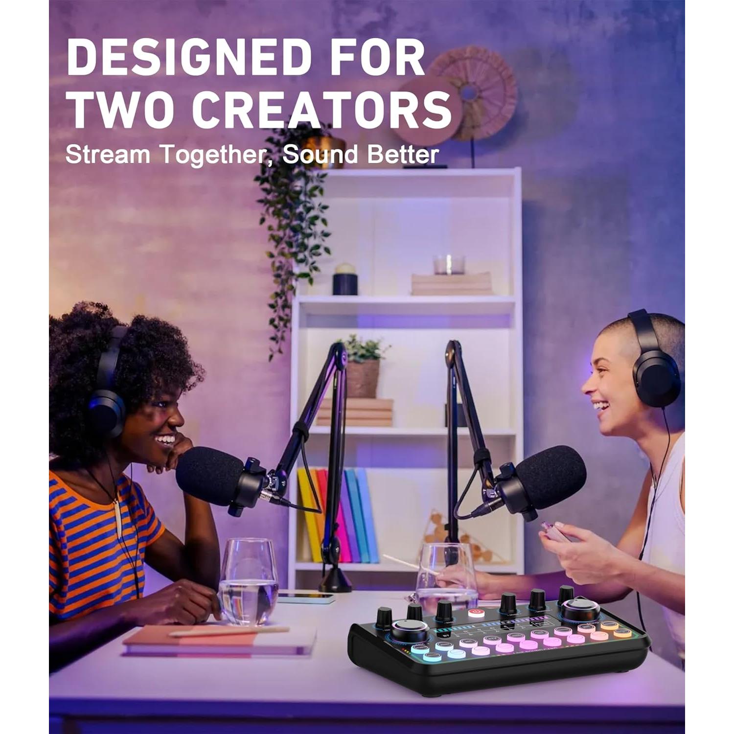 Podcast Equipment Bundle for 2 with Audio Interface, Studio Condenser Podcast Microphone, Microphone Mixer & Voice Changer, -in-One Podcast Bundle for Recording, Streaming, Singing & Gaming