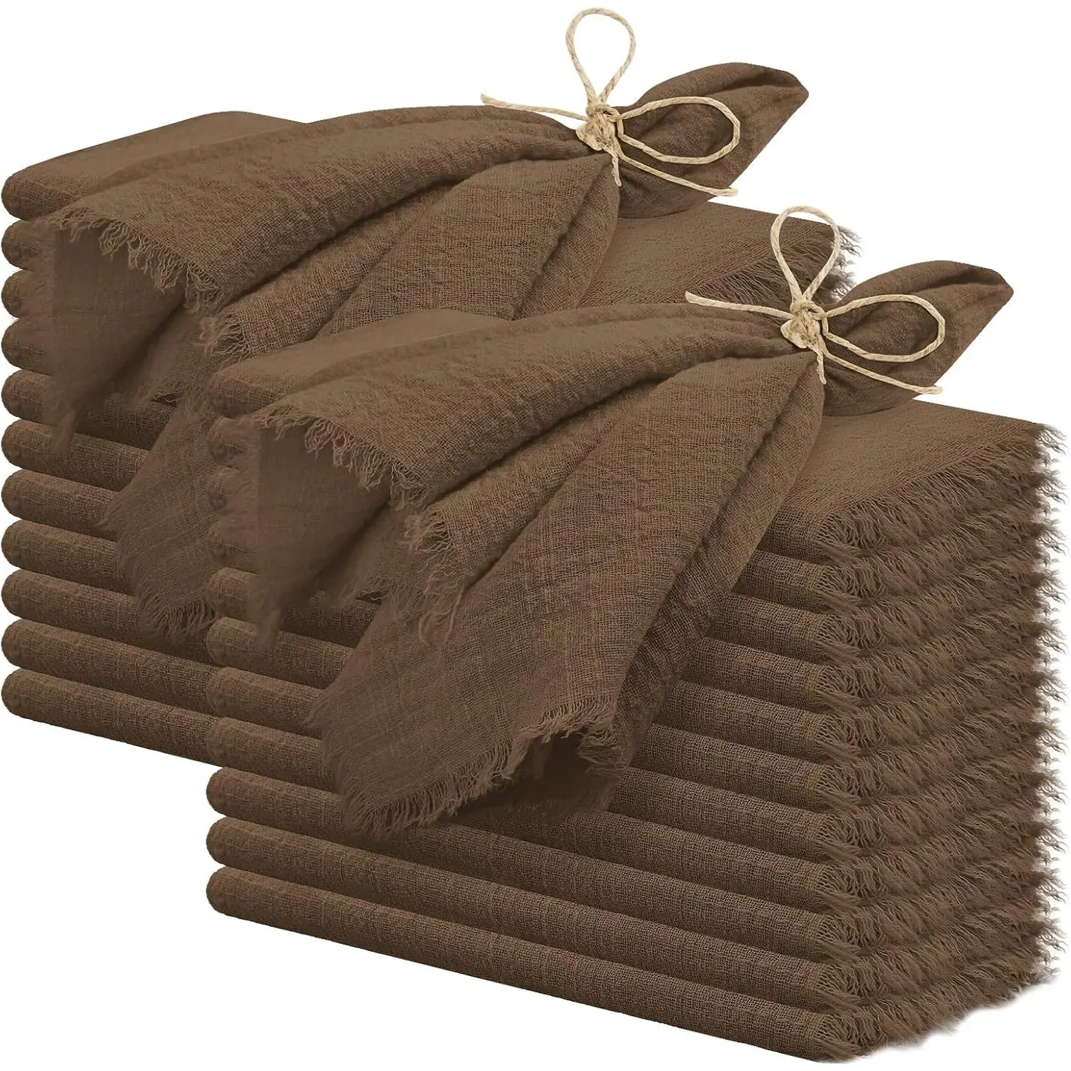 60 Pcs 16x16 Inch Brown Handmade Fringe Cloth Napkins, Delicate Soft Cotton Linen Rustic Dinner Napkins Bulk for Wedding Dinner Party