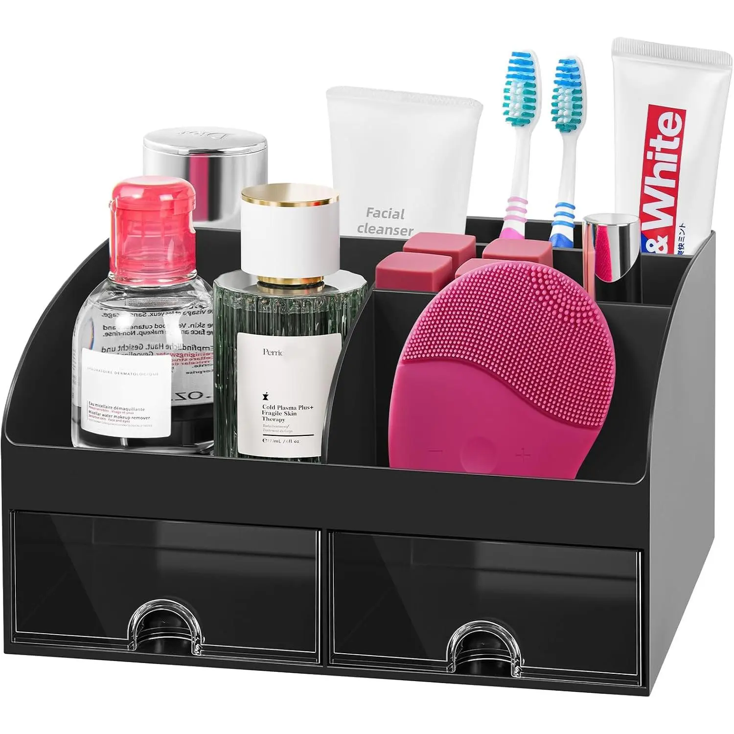 Bathroom Counter Sink  Organizer Countertop with Drawers, Black |  Holders for Bathroom, Makeup Organizer, 5 Slots,   Brush Holder, Plastic