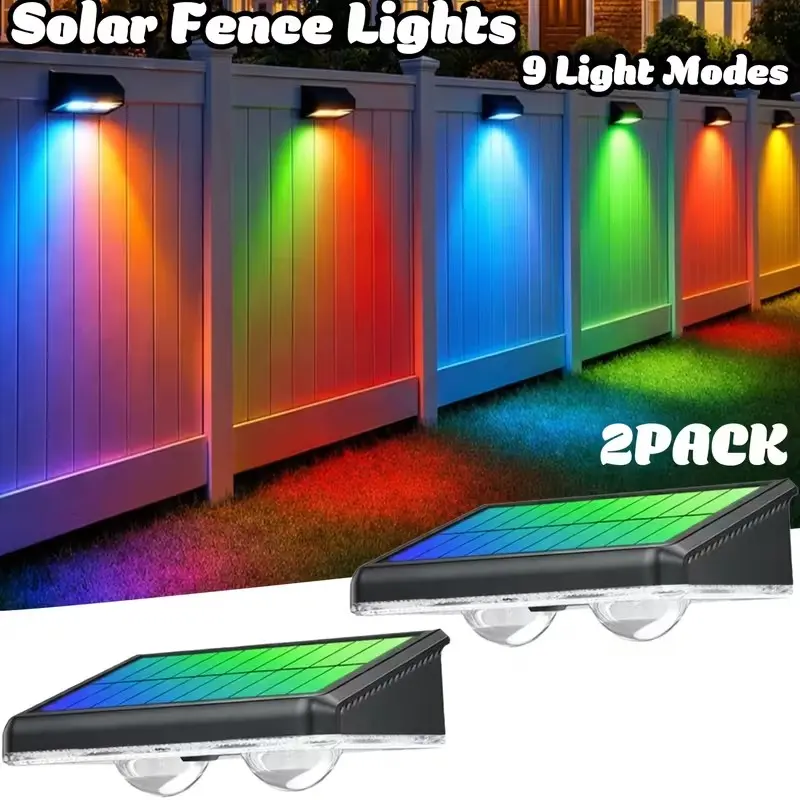 Solar Fence Lights Set of 2, 8 Fixed Colors & 1 Color-Changing, Ip65 Solar Garden Lights for Yard, Park, Backyard, Steps, Pool Deck, Solar Landscape Lights