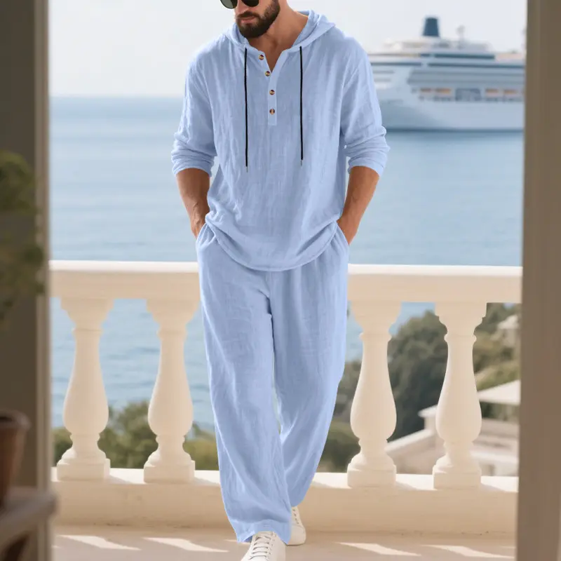 Men’s Linen Relaxed Fit Hoodie Henley Shirt and Pants Set, Casual Summer Two-Piece Outfit, Lightweight Breathable Matching Set for Travel, Beach, Vacation, Daily Wear and Outdoor Activities