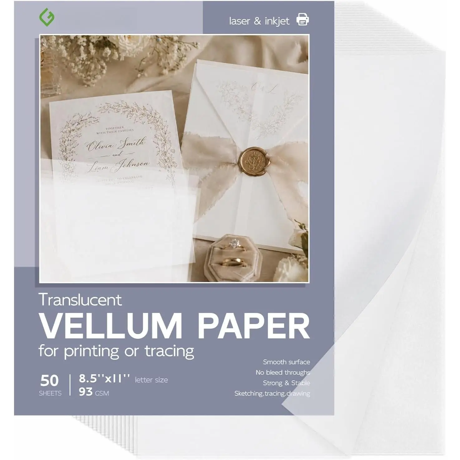 Translucent Vellum Paper 8.5 x 11,  Vellum Paper Printable 50 Sheets | Printable Vellum Paper for Invitations, Wedding Envelope Liners,  Bands, Sketching, Tracing, Drawing