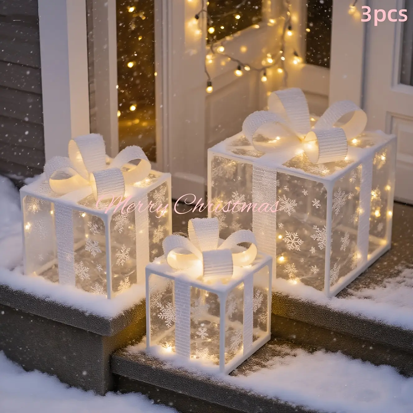 3 Pack Lighted Christmas Gift Box Set With Ribbon Warm Glow Indoor Outdoor Shiny Decorative Boxes For Christmas Tree Yard Patio Home Holiday Party Decoration 6/8/10inch boxs，  Battery box powered,【batteries not included】  Comes with a remote control