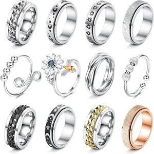 12Pcs Fidget Anxiety Rings for Women Men - Spinner Fidget Rings for Anxiety Relieving Stress Flower Moon Star Stainless Steel Rings Adjustable Size 9fidget toys