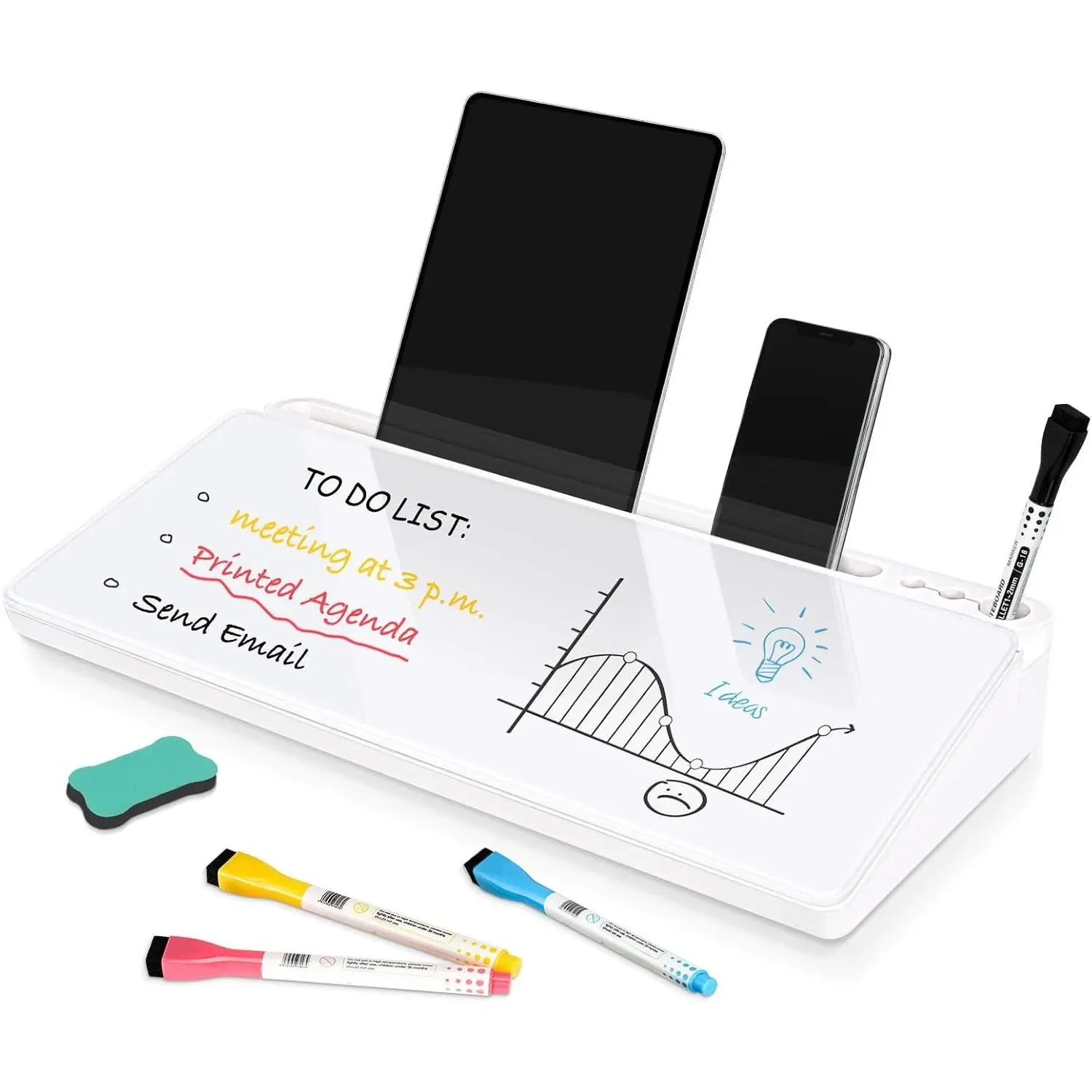 Glass Desk Whiteboard Small Dry Erase Board Desktop White Board with Storage Drawer Computer Keyboard Stand Desk Organizer Office Accessories Back to School Supplies with 4 Markers, WhiteGift.
