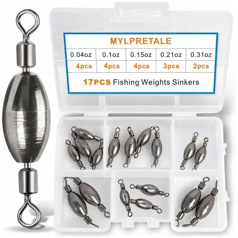 17PCS Inline Fishing Weights with Swivel, Multiple Sizes Bullet Style Fishing Sinkers Sinker Kit with Tackle Box, Fishing Tools Fishing Accessories Fishing Equipment Fishing Supplies, Lead-Free Durable Metal Set for Bass Trout Saltwater Freshwater